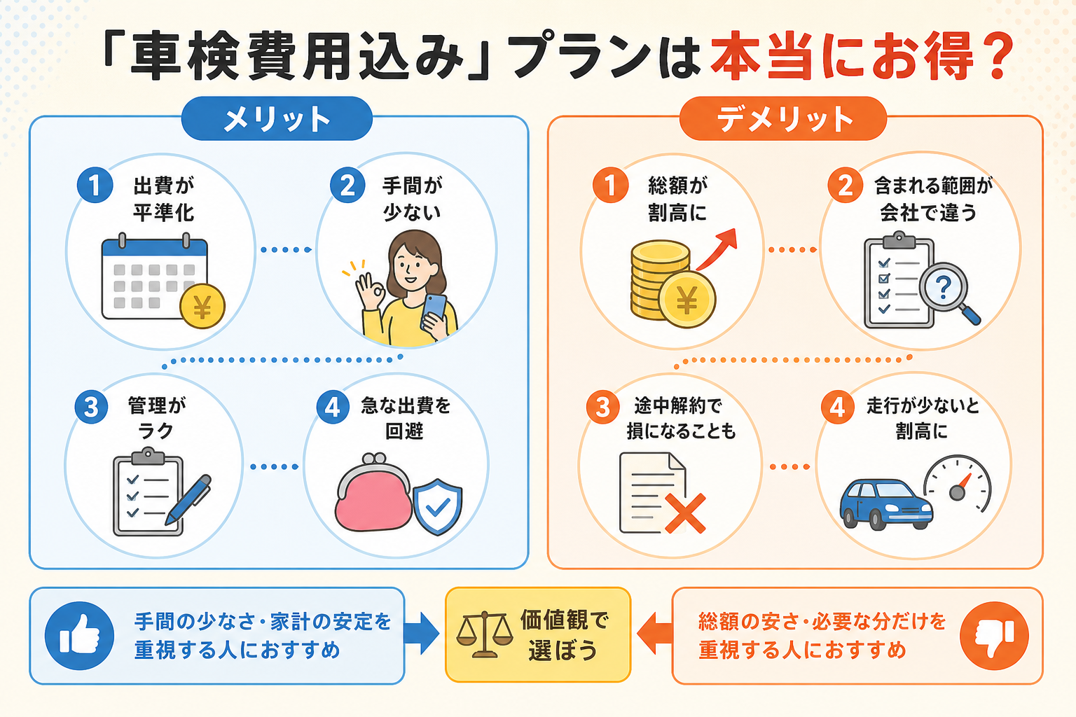 車検費用込みプランのメリットとデメリットを比較した図解